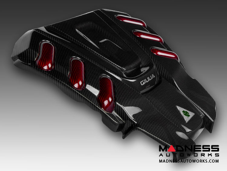 Alfa Romeo Giulia Engine Cover Carbon Fiber w Red Accents Quadrifoglio Version ARGL 34.RC for Alfa Romeo